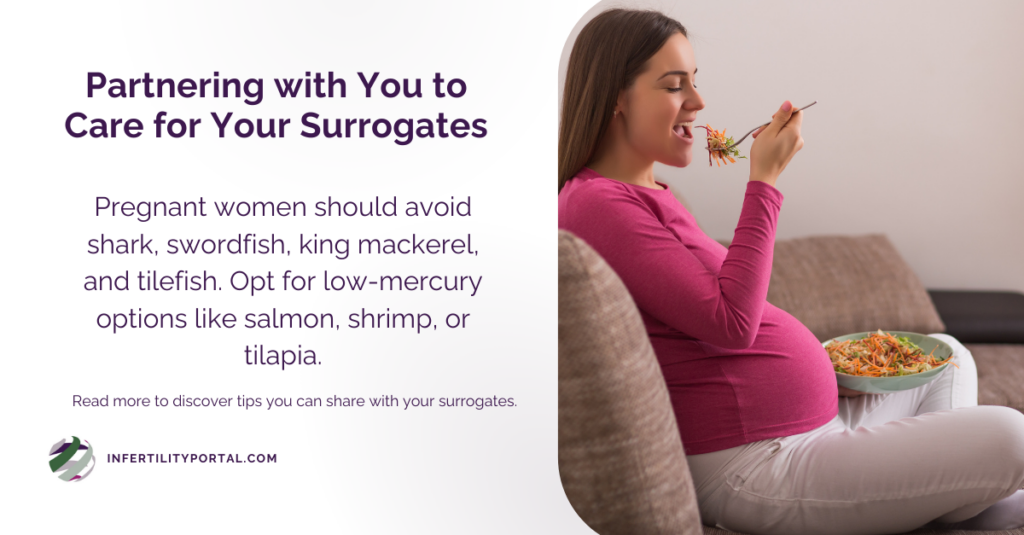 Pregnant surrogate eating seafood