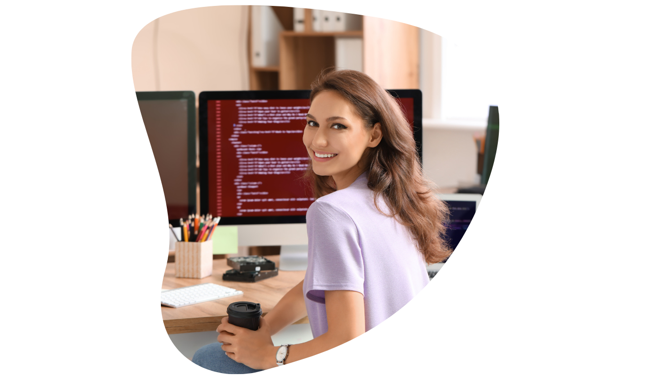woman looking forward at her computer with transparent background