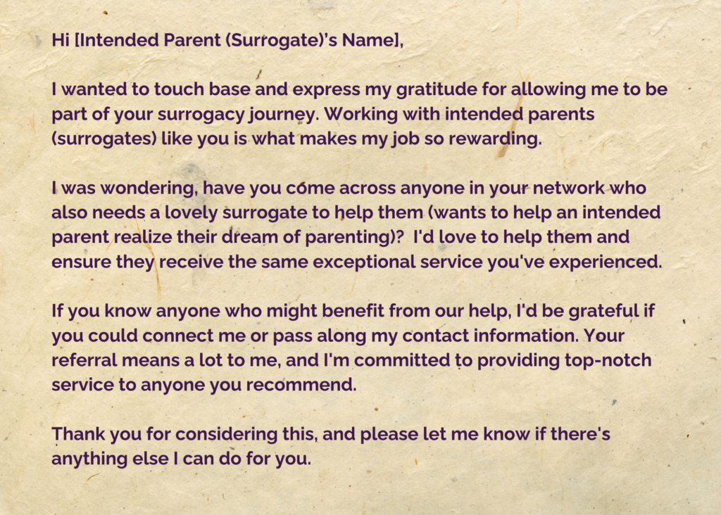 Sample Referral Letter from a surrogacy agency to an intended parent or surrogate