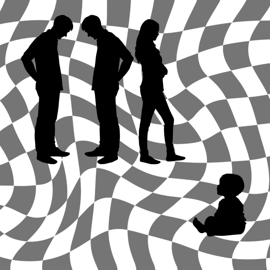 Two men and woman fighting over baby